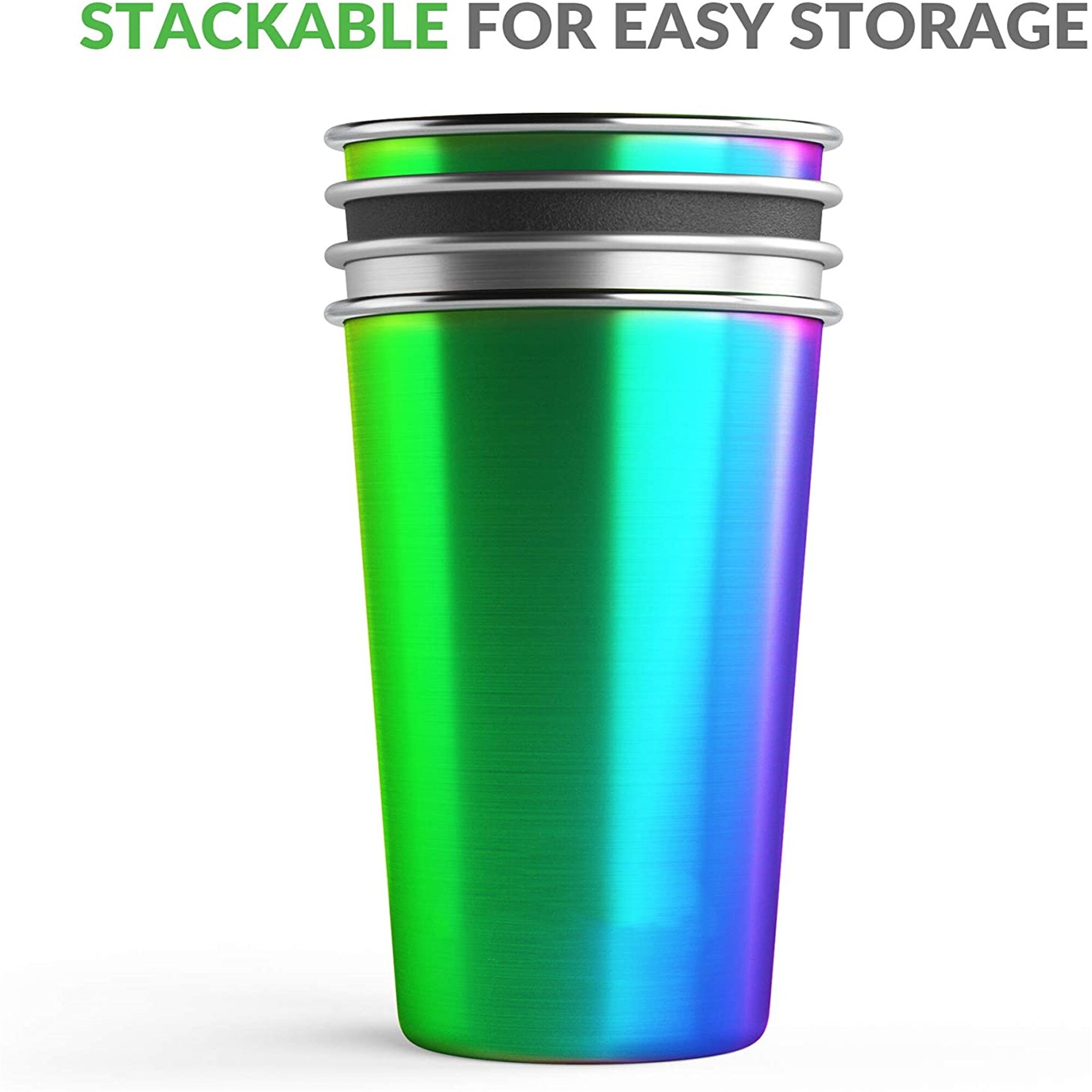 Stainless Steel Cups 16 oz Pint Tumbler 4 Pack - Premium Metal Drinking Glasses Stackable Durable Cup 16 oz Rainbow