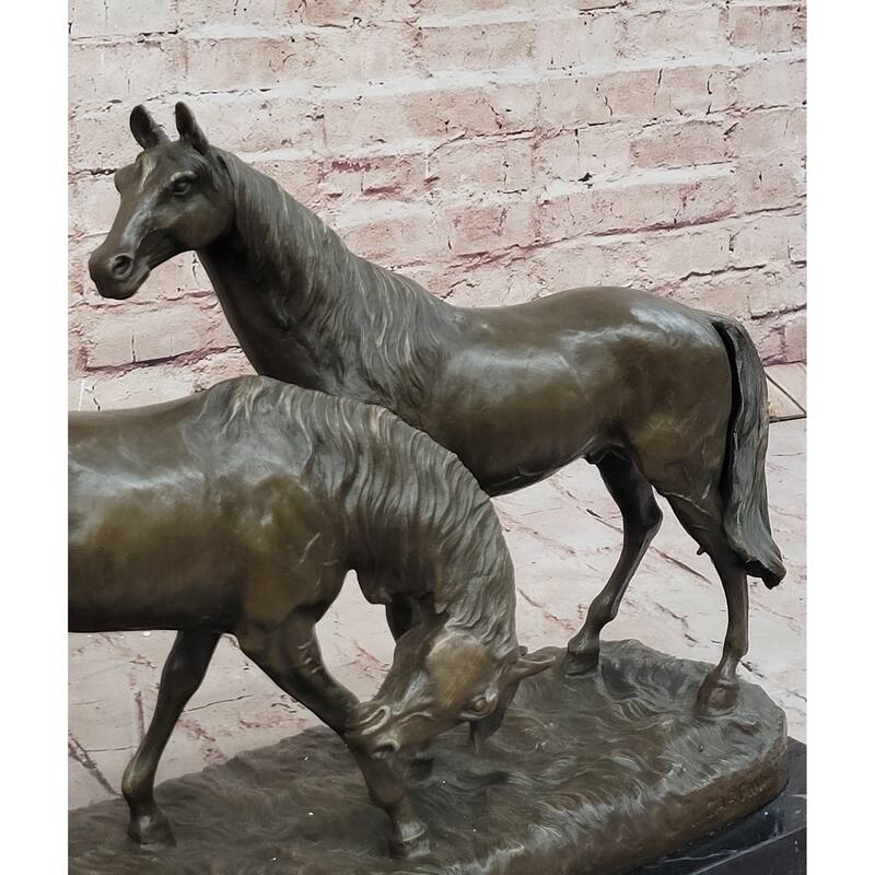 Necking Imitative Horses Equestrian Imitative Horse Lover Bronze Sculpture Statue Art Figure Marble Base