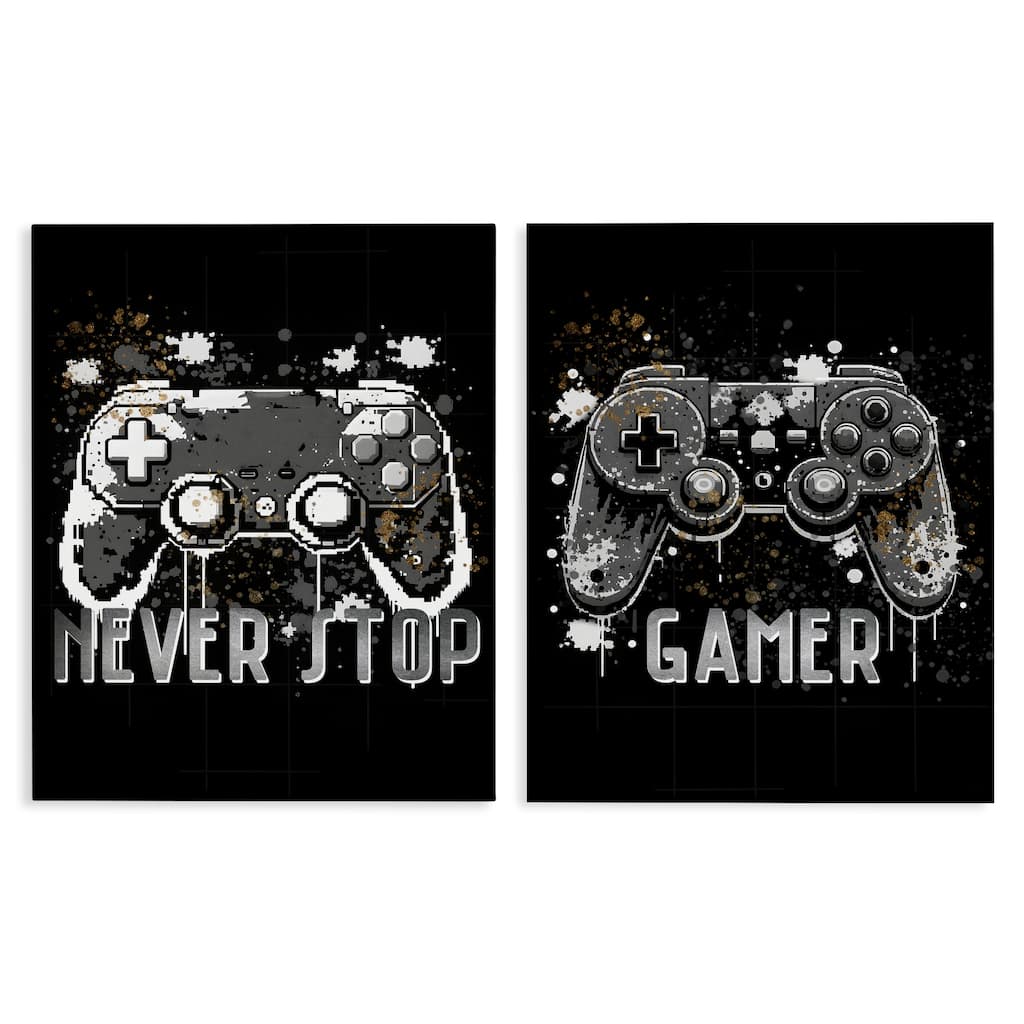 Stupell Modern Gamer Controller Phrases Canvas Wall Art Design By Kim Allen (Set of 2)