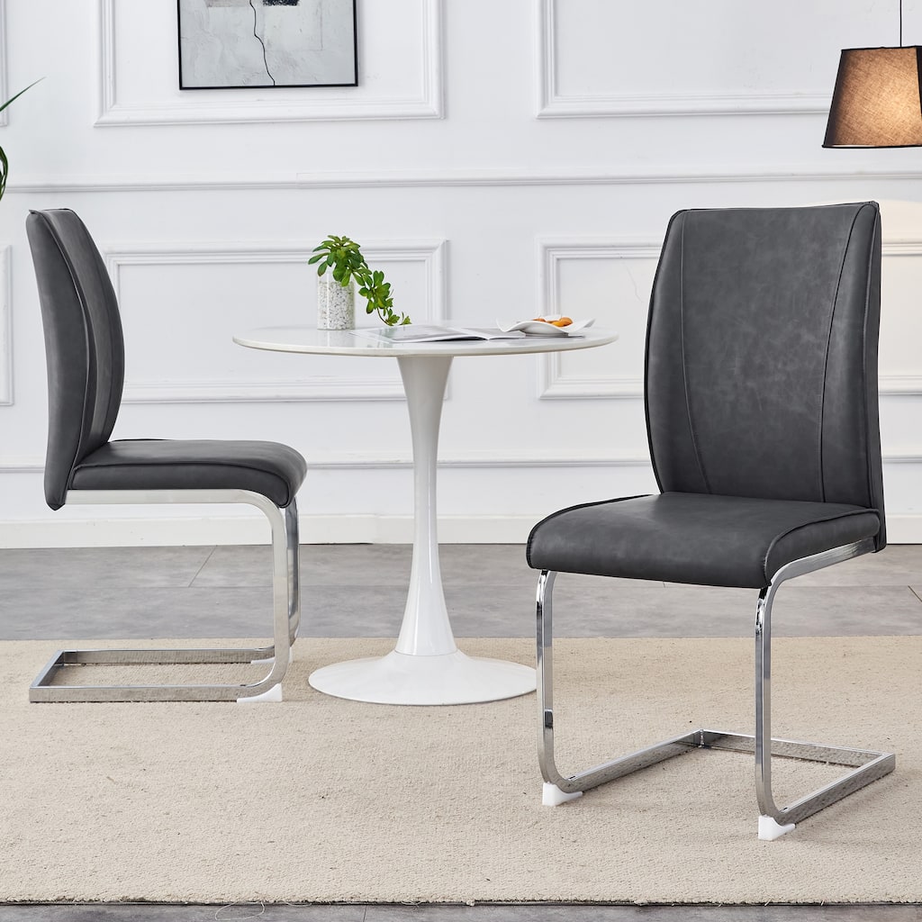 Luxury Simple Arch Chair - Set of 2 Dark Gray PU Material High Resilience Dining Chair with Arched Metal Silver Leg