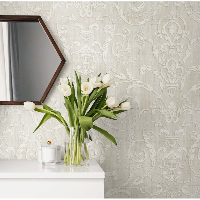 Seabrook Designs Primrose Striped Scroll Damask Unpasted Wallpaper - 20.5 in. W x 33 ft. L bolt 56 sq. ft.