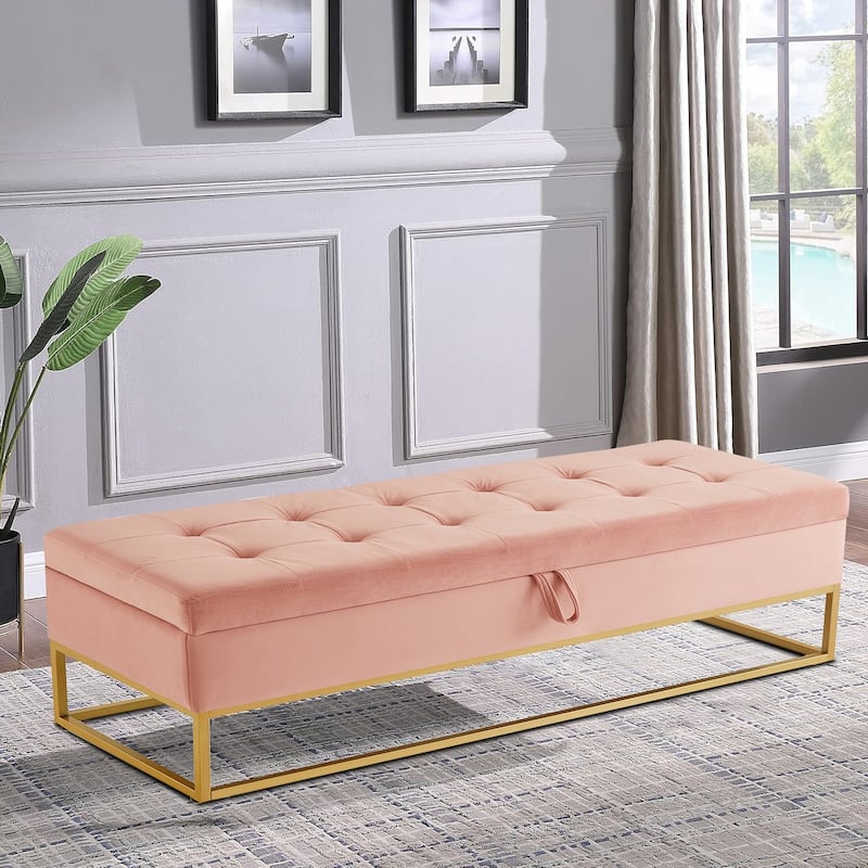 Modern Velvet Upholstered Storage Bench with Flip-Up Seat Top - Pink