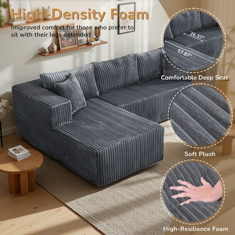 Modular Plush Sofa, All-Foam No Springs, Space-Saving for Living Room