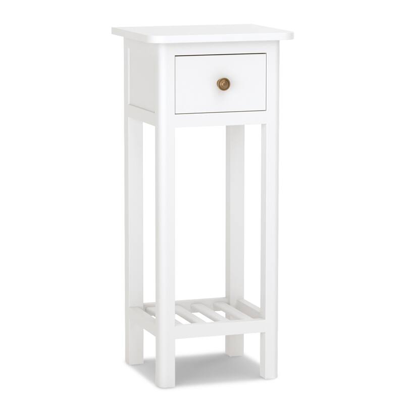 2 Tier Narrow Side Table Wood Slim End Table Nightstand with Drawer - White