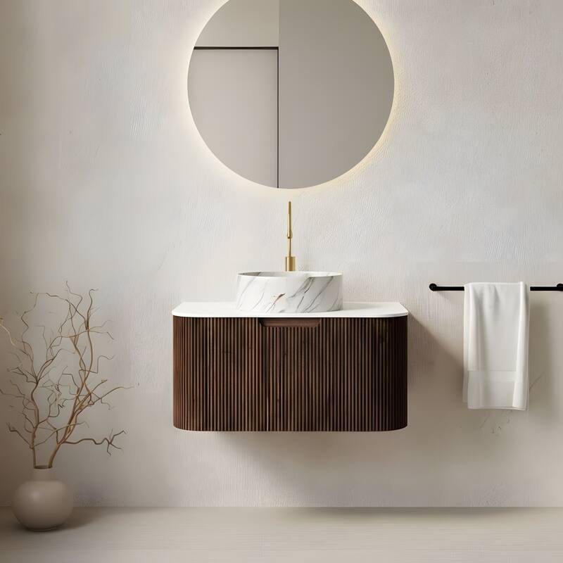 Floating Bathroom with Round Ceramic Basin and Storage Drawer - 30 - Dark Walnut
