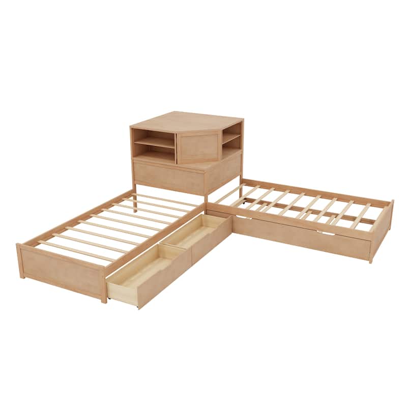 L-Shaped Triple Twin Bed with Built-In Desk, Drawers and Storage Space by Harper&Bright Designs