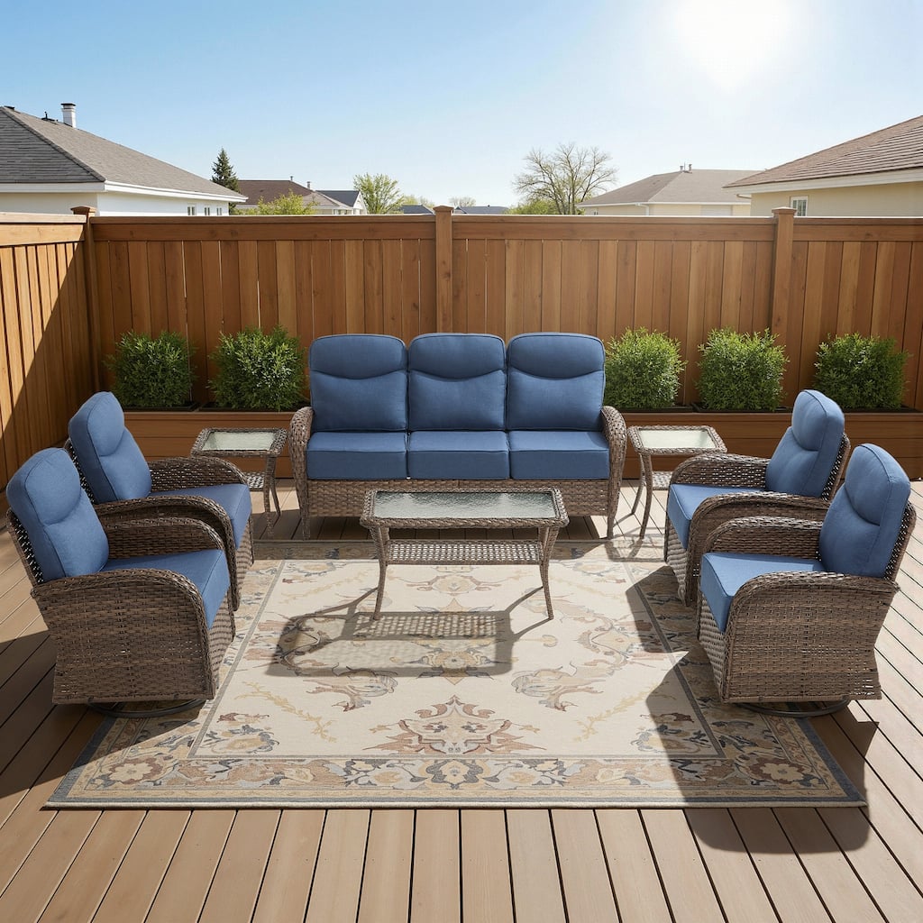 Luna 8-Piece Wicker Patio Conversation Set with Swivel Gliders and 6-Inch Thick Olefin Cushions