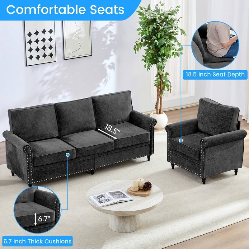 Mixoy Chenille Fabric 3-Seater Sofa Couch with Single Sofa Chair with Rivet Design,Solid Wood Gourd Legs for Living Room - 3+1