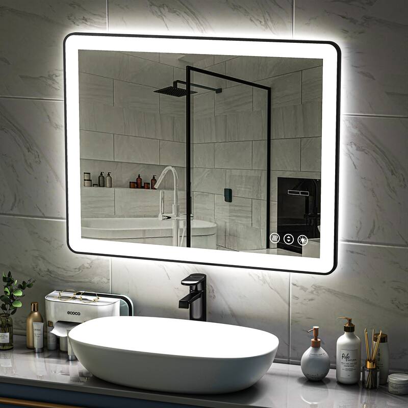 TOOLKISS Black Frame Anti-Fog Dimmable LED Light Vanity Bathroom Mirror with Backlit and Front Light