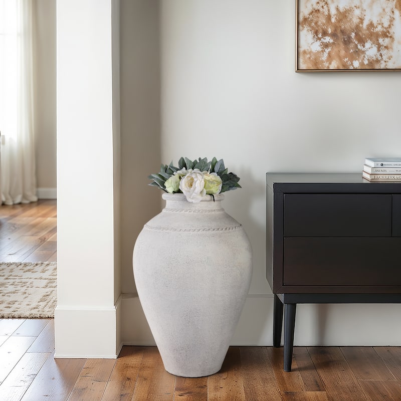 Ceramic Sculpted Rim Textured Floor Vase - 30" - 29.5" - Ivory/ Tan