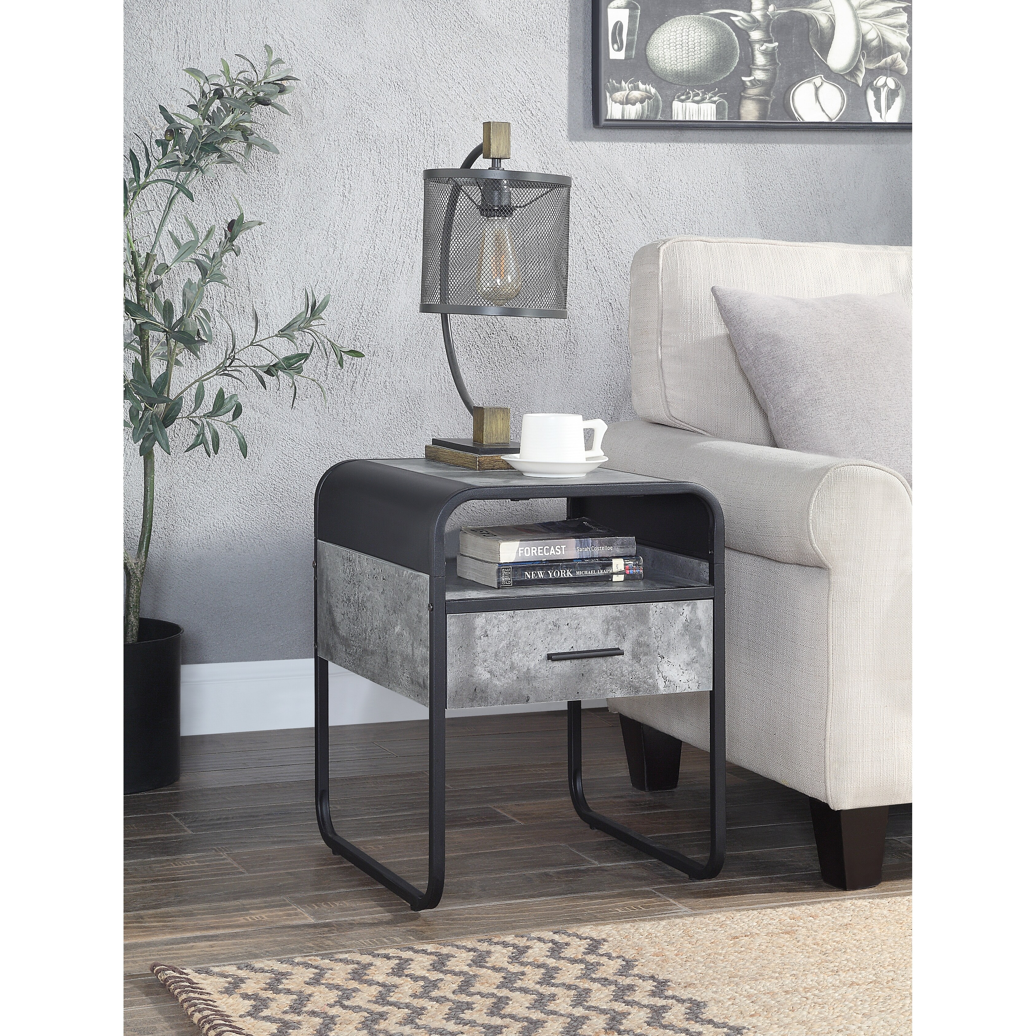 End Table Drawer, Concrete Gray & Black Finish,KD•Metal Frame,Side Metal Glide Drawer,Curved Edges Design,End Tables