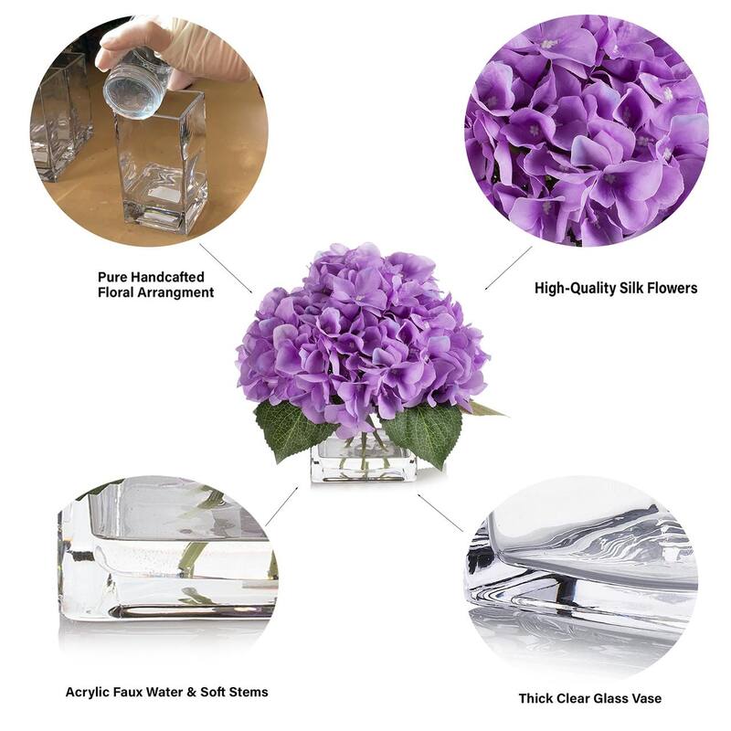 Silk Pink Hydrangea Artificial Flowers in Vase with Faux Water, Silk Flower Arrangements in Vase for Home Decor, Wedding Table