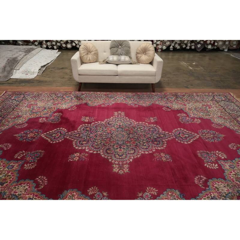 Hand Knotted Oriental 100% Wool Carpet Traditional Floral Pink Kerman Area Rug - 13' 10'' X 9' 9''