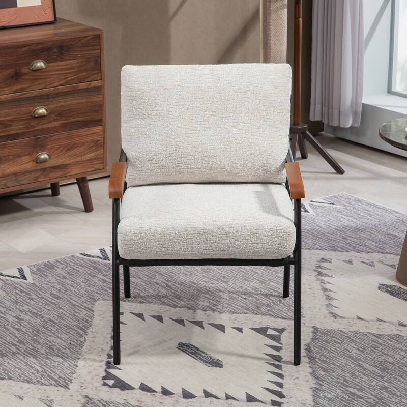 Modern Accent Chair with Natural Wood Armrests and Metal Frame, Upholstered Seat and Backrest, Comfortable Lounge Chair