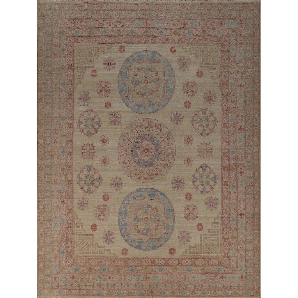 Hand Knotted Oriental 100% Wool Carpet Transitional All-Over Beige & Ivories Oushak Area Rug - 9' 9'' X 8' 1''