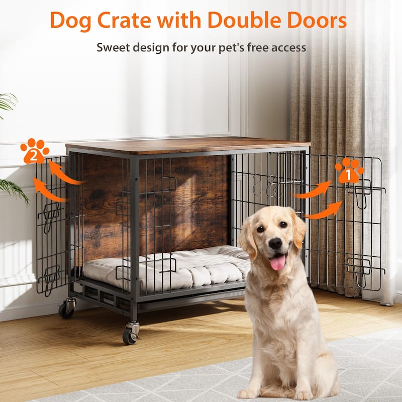 Dog Crate Furniture with Double Doors, Cage with Wheels and Tray