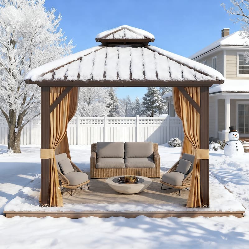 Erommy Hardtop Gazebo with Galvanized Steel Double Roof & Aluminum Frame, Outdoor Gazebo with Curtains and Nettings