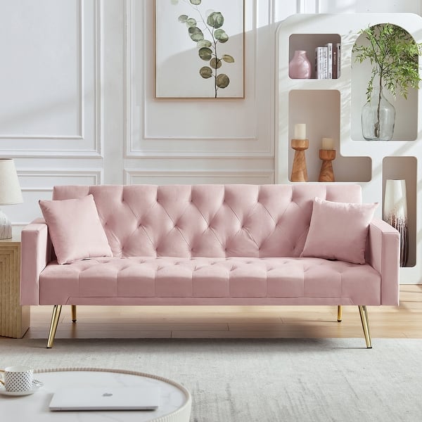 slide 2 of 15, Versatile Convertible Folding Futon Sofa Bed, Features Adjustable Backrest and Stylish Gold Legs.