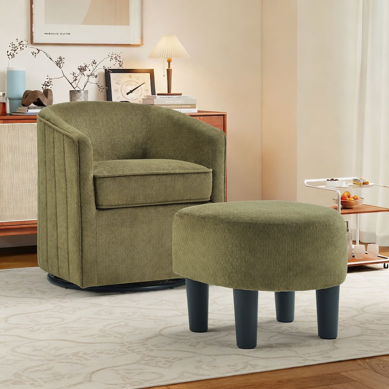 Swivel Accent Chair , 360 Degree Club Chair with Ottoman Set, Fabric Barrel Reading Chairs for Living Room Bedroom - Green