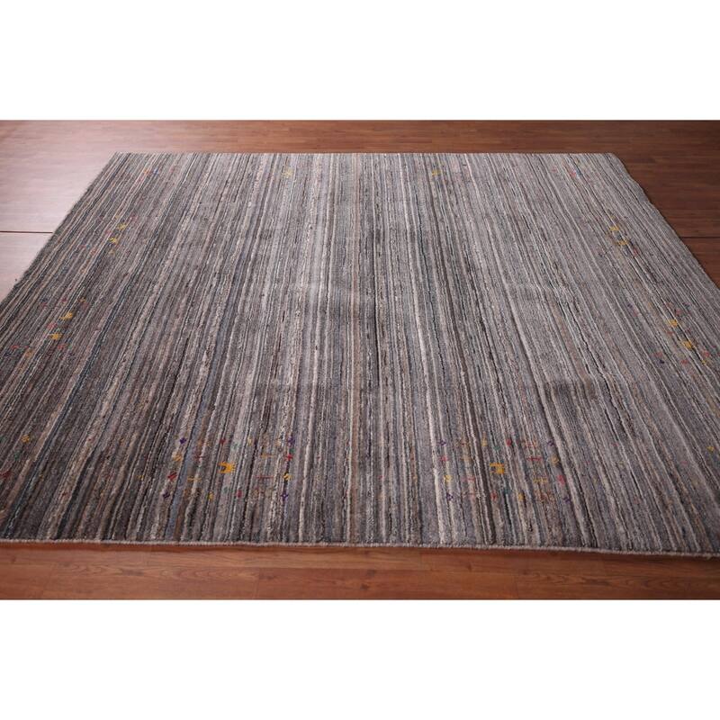Striped Tribal Gabbeh Indian Square Area Rug Hand-Knotted Wool Carpet - 7'7"x 8'0"