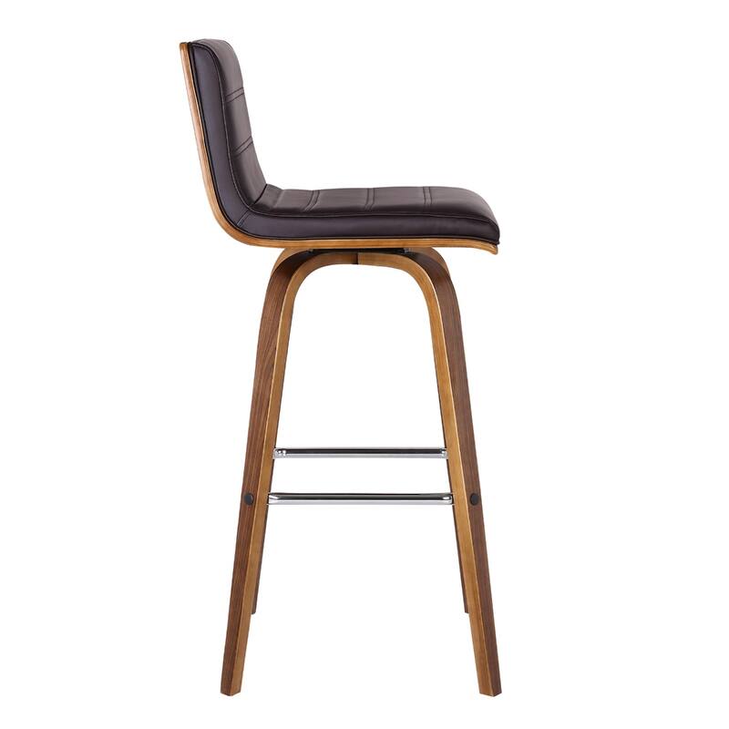 Modern Swivel Bar Stool with Low Backrest and Footrest Upholstered Walnut Finish Solid Wood Frame