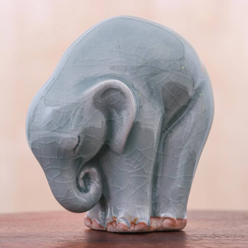 Novica Handmade Elephant Forward Bend Celadon Ceramic Figurine