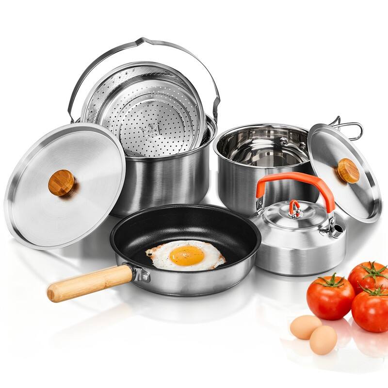 6-Piece Stainless Steel Camping Cookware Set With Kettle And Storage Bag - N/A