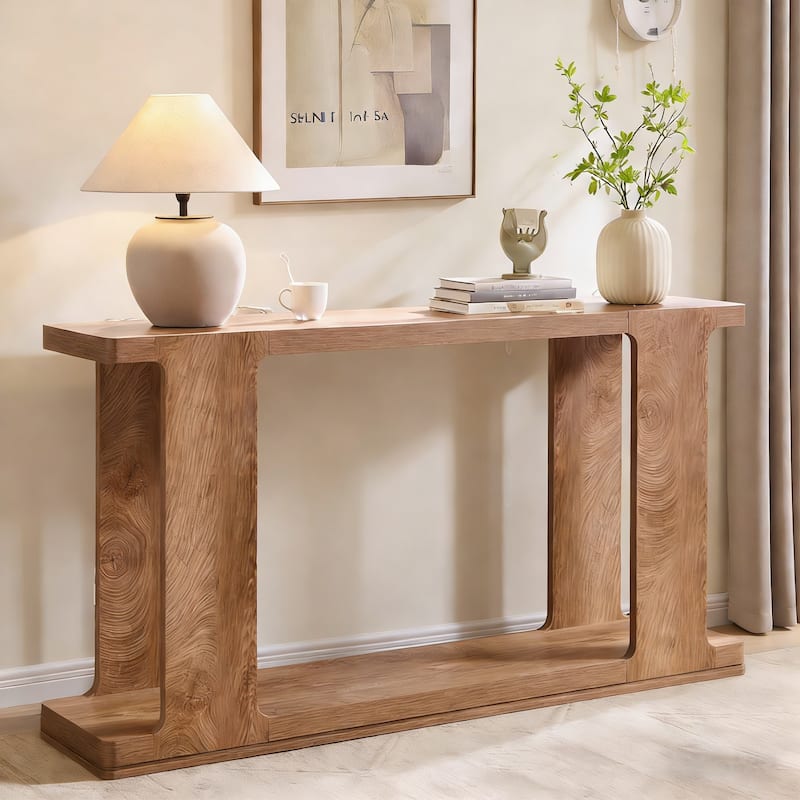 Modern 63" Entryway Console Table, Long Sofa Table with Curved Edge - Light Tree Knot