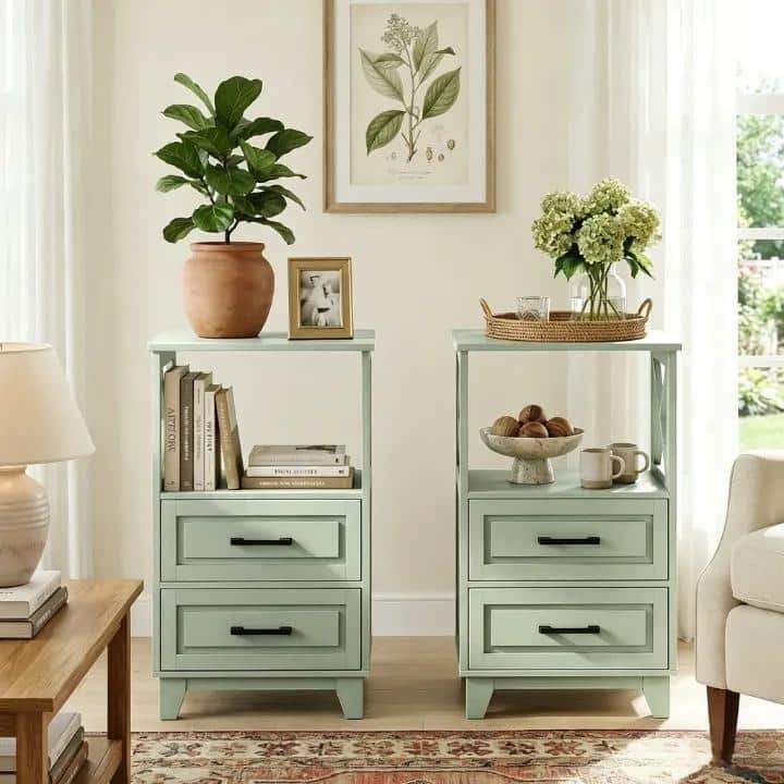 Tall Nightstand With 2 Drawers And Open Shelf Above, Set Of 2