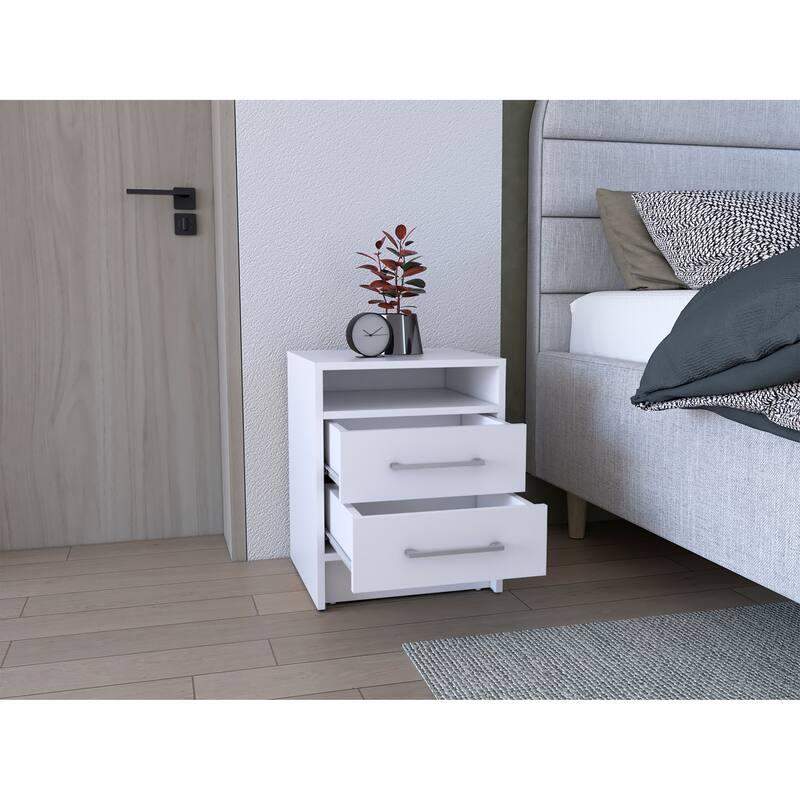 24-Inch Two-Drawer Nightstand with Open Shelf, Modern Design, Easy Assembly, Versatile Use