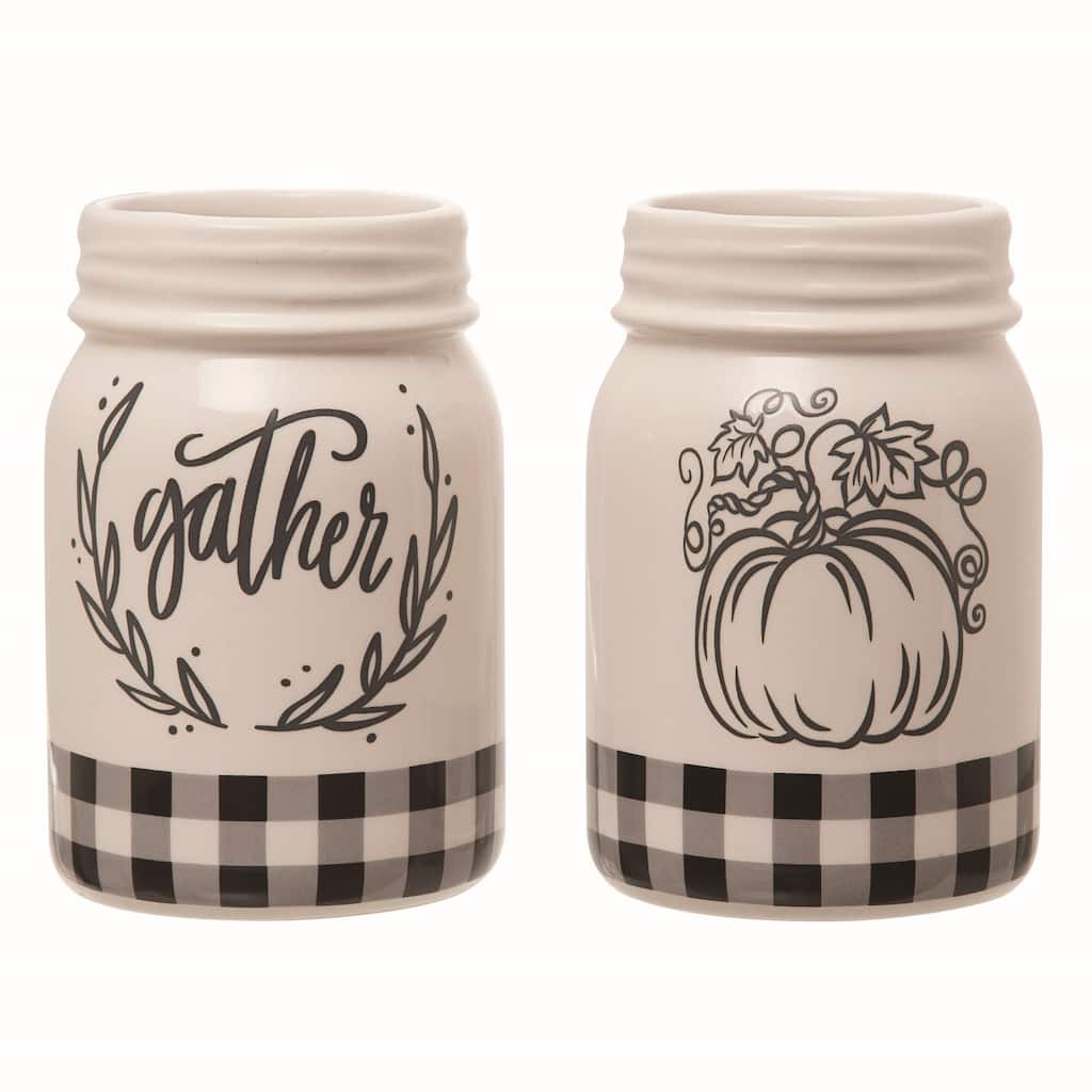 Transpac Dolomite 11 in. White Autumn Buffalo Check Jar Set of 2