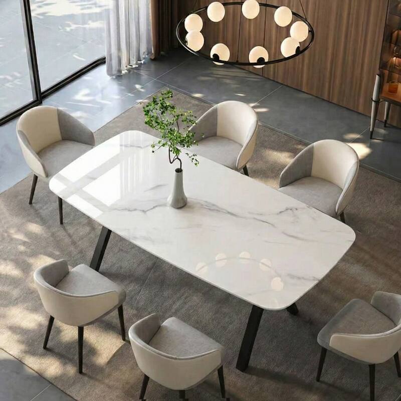 Rectangular dining table featuring a tempered glass tabletop with a marble-patterned design for restaurant dining settings
