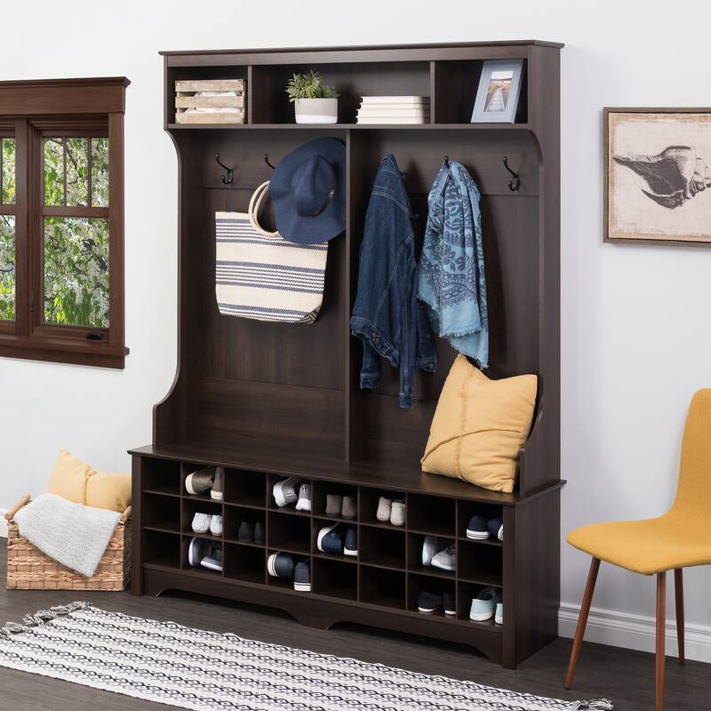 Prepac 60 inch Wide Hall Tree with 24 Shoe Cubbies - 60 in W x 77 in H x 15.5 in D