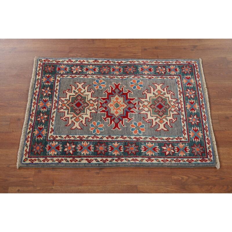 Hand Knotted Oriental 100% Wool Carpet Traditional Geometric Greys & Charcoal Kazak Area Rug - 2' 10'' X 1' 11''