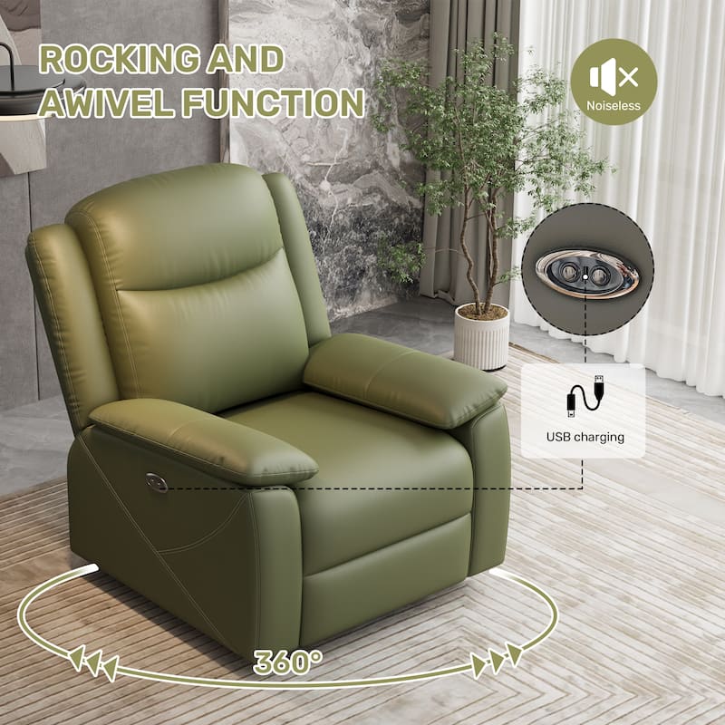 Rocker Recliner Chair with USB Charging Port, Swivel Sofa Chair with Overstuffed Cushion, Oversized Lounge Chaise Chair - Green