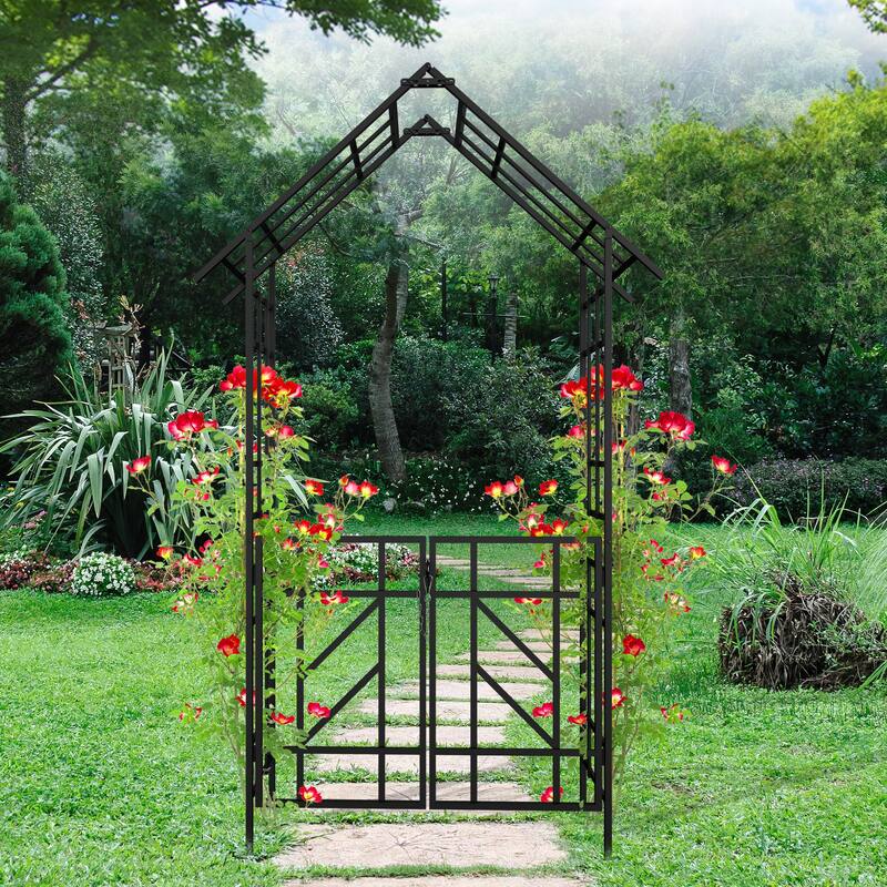 Metal Garden Arch with Bench Turned into Flower Stand Climbing Plants Support Rose Arch Outdoor Black