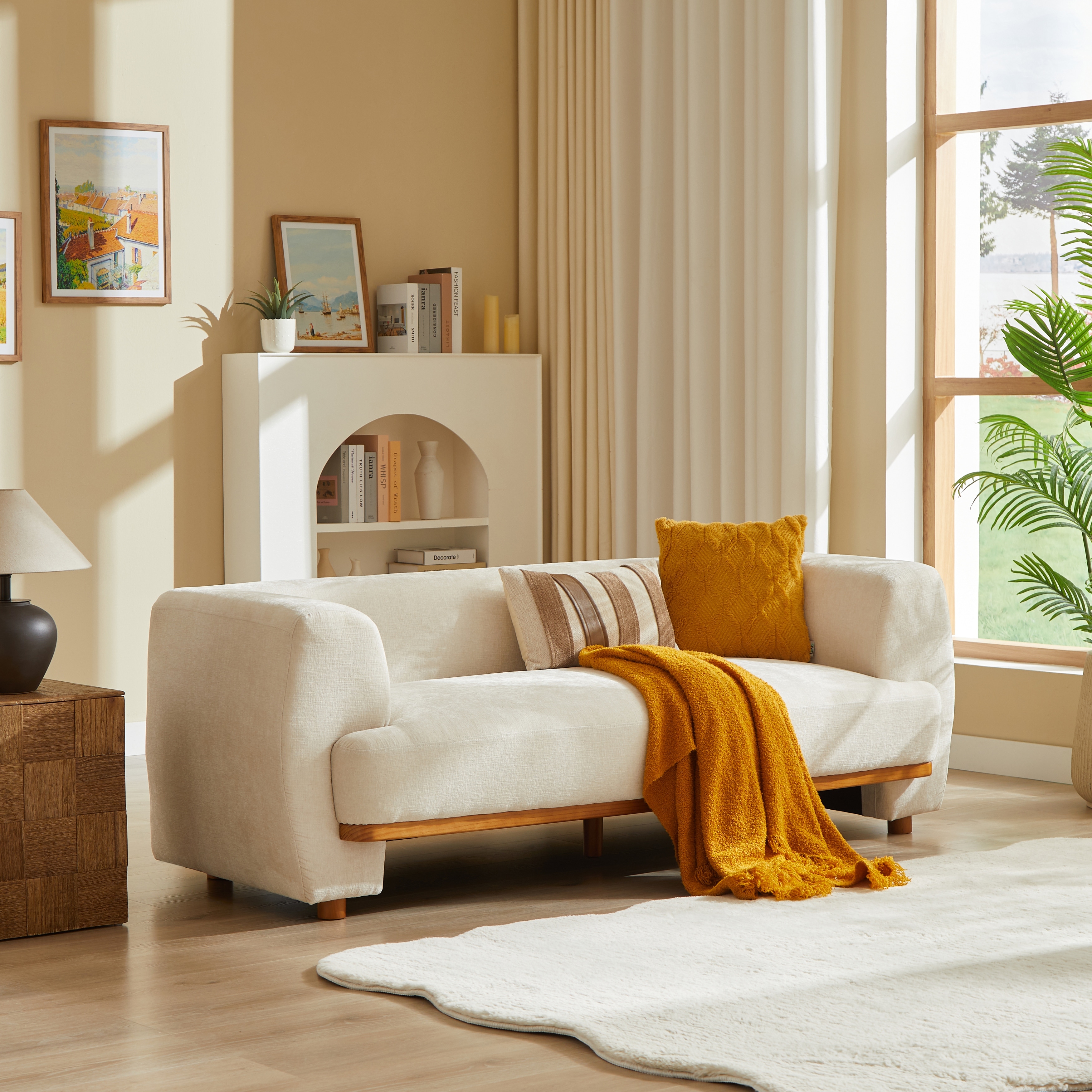 Christopher Knight Home - Vazquez Modern 3-Seater Sofa, 79" Wide Chenille Upholstered with Curved Silhouette & Wood Accents