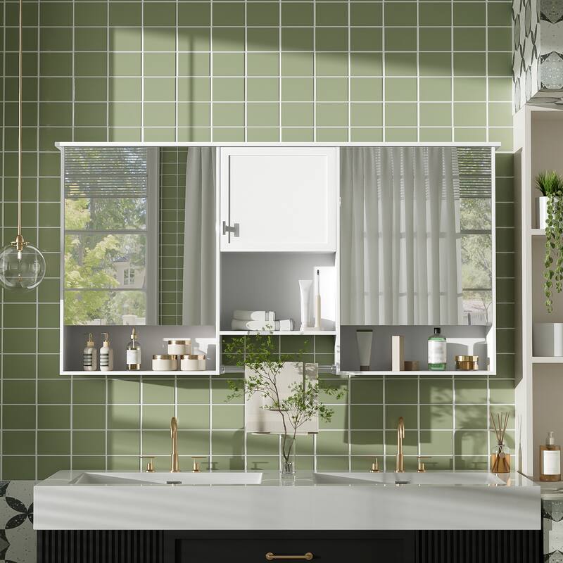 55 Inch 3-in-1 Wall-Mount Mirror Cabinet - Adjustable Shelf & Soft-Closing Hinges, MDF for Bathroom & Living Room - White