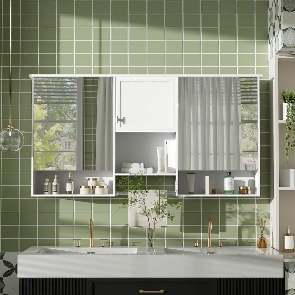 55 Inch 3-in-1 Wall-Mount Mirror Cabinet - Adjustable Shelf & Soft-Closing Hinges, MDF for Bathroom & Living Room