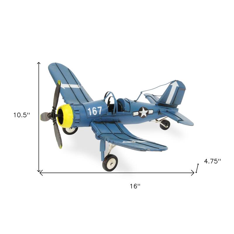 HomeRoots 5" Blue and Yellow Metal Hand Painted Model Airplane - 16' X '4.75' X '10.5