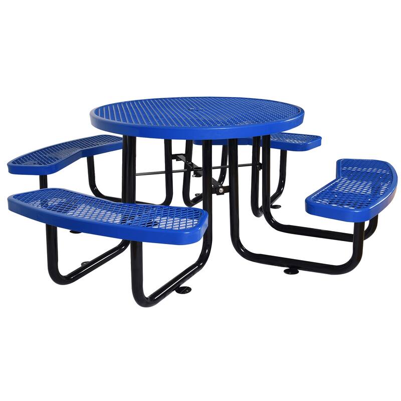 46" Round Outdoor Steel Picnic Table in Blue with Umbrella Hole