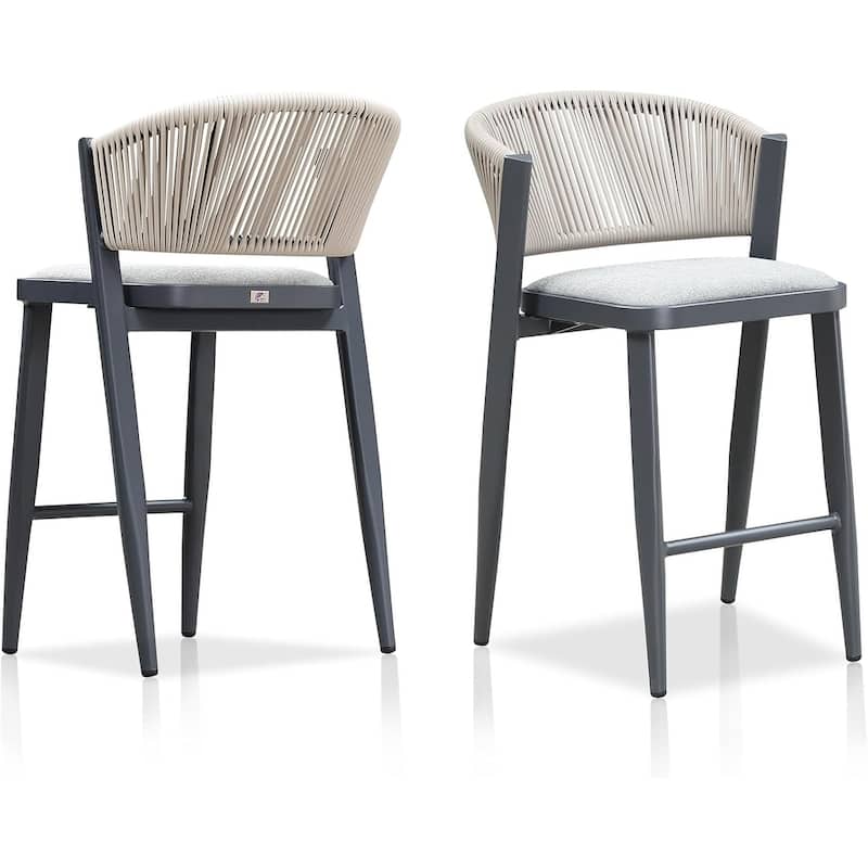 PURPLE LEAF Bar Stool Set of 2 Outdoor Rattan Bar Chair with Back Metal Bar Height Stool Wicker Barstool Dark Grey - N/A - Counter Height-Stone Cushion
