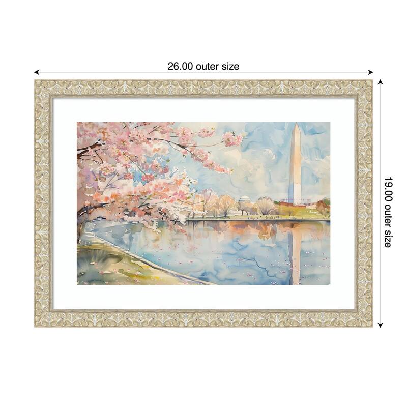 Cherry Blossoms Cityscape by Tradelink inhouse artist Wood Framed Wall Art Print - Lila Silver - 26 x 19 in