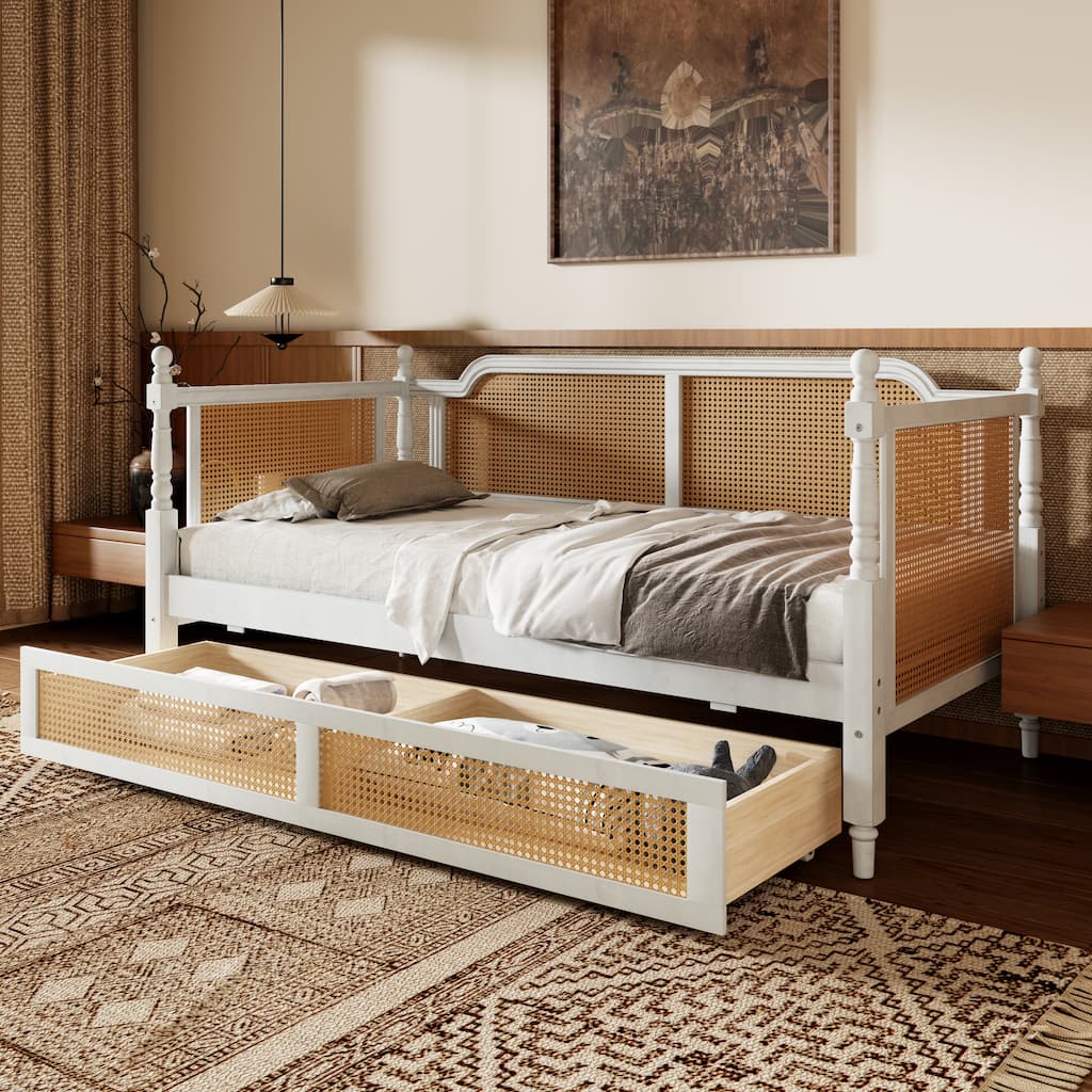 Traditional Rattan Twin Daybed with 2 Drawers - Space-Saving Solution for Guest Rooms, No Box Spring Required