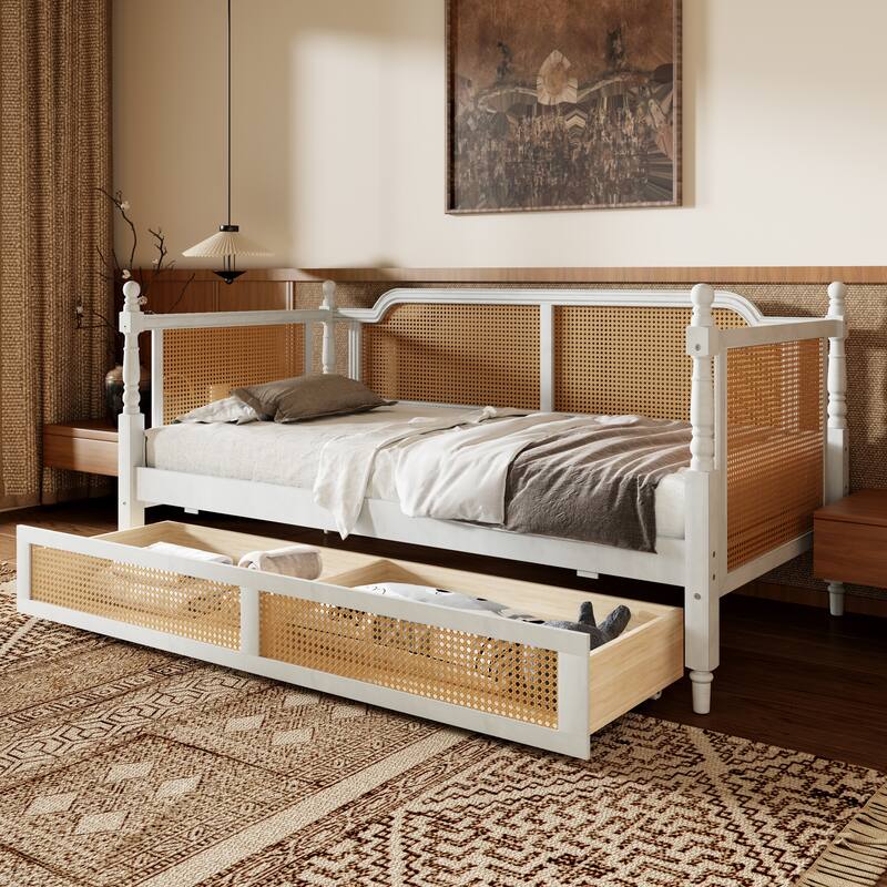 Twin/Full Rattan Bed Frame with 2 Storage Drawers & Curved Headboard, Wood Bedframe Daybed for Limited Space, Bedroom Guest Room