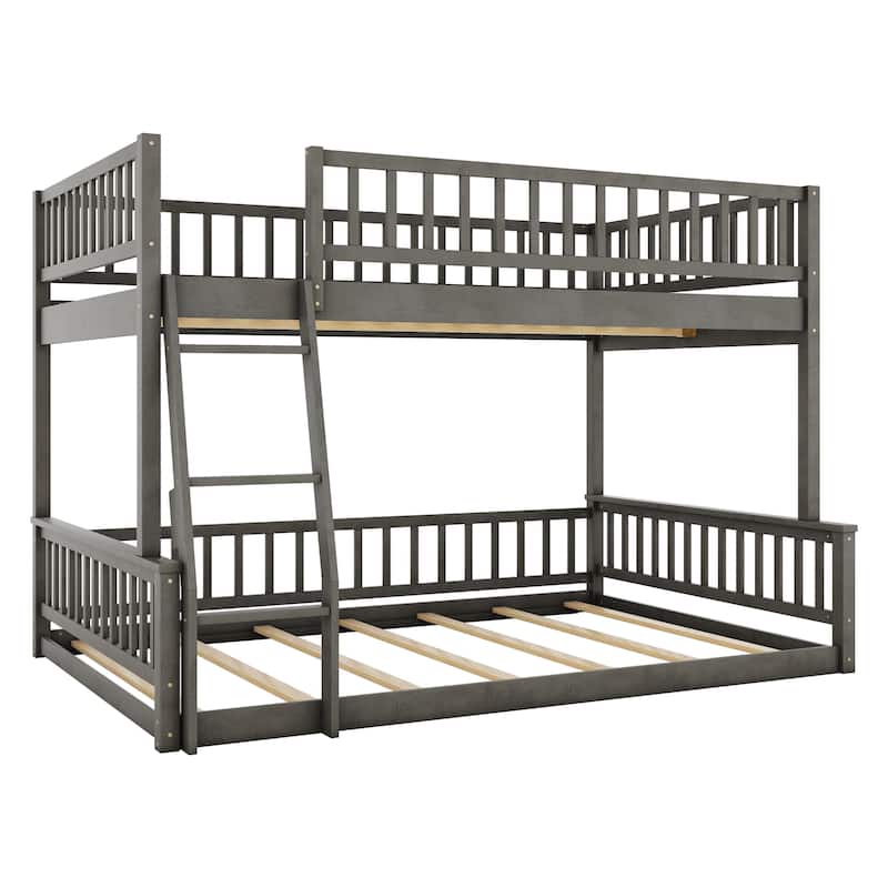 Bunk Bed Frame with Ladder and Guardrails, Detachable Design Wooden Bunk Bedframe into 2 Separate Platform Beds