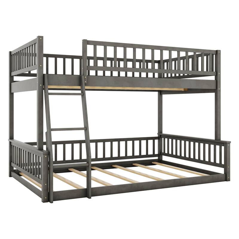 Gray Full XL over Queen Size Bunk Bed with Ladder and Guardrails for Kids
