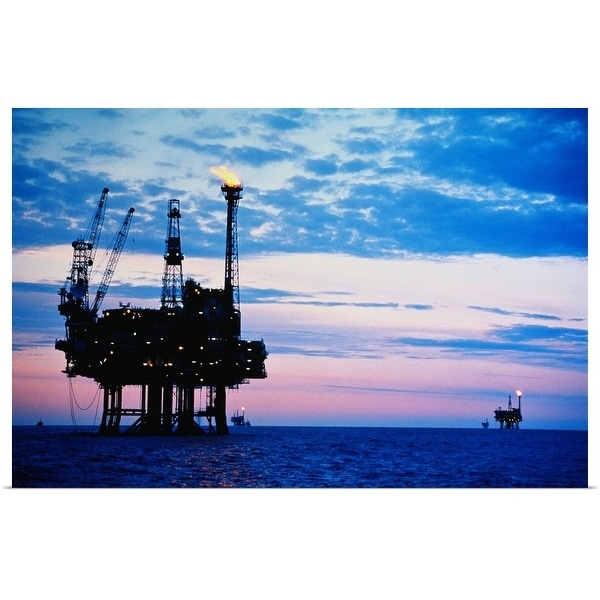 "Oil production platforms at dusk, Forties Field, North Sea" Poster Print