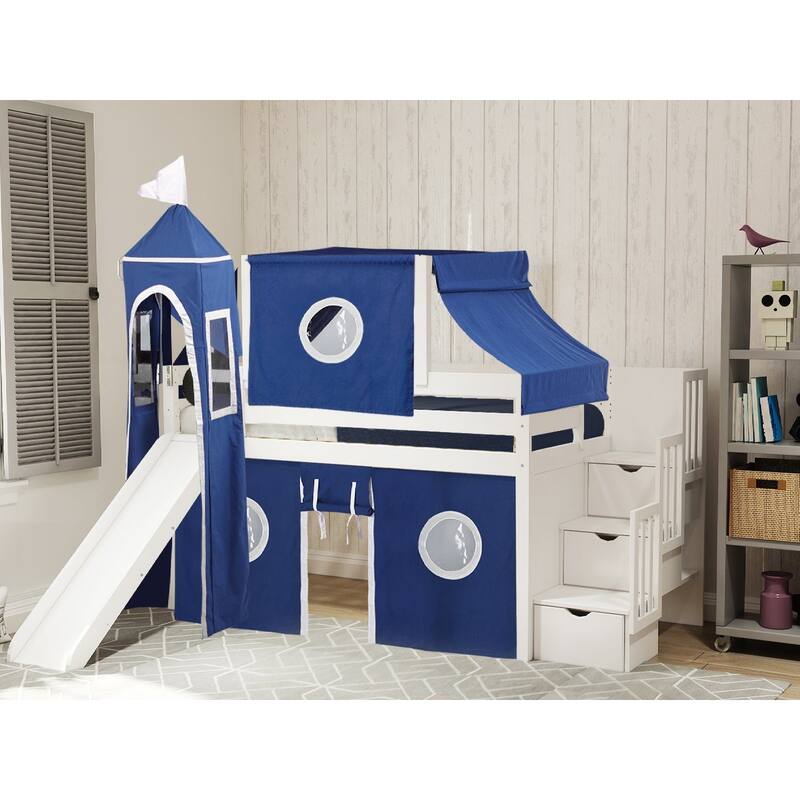 JACKPOT Prince & Princess Low Loft Twin Bed, Stairs Slide Tent & Tower - White with Blue & White Tent