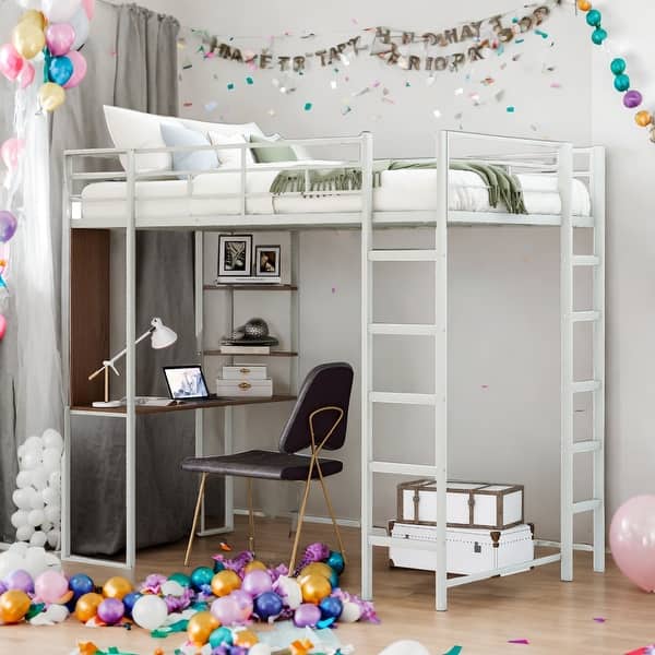 slide 2 of 20, Twin Metal Loft Bed with 2 Shelves, 2 built-in ladders and Desk, Silver